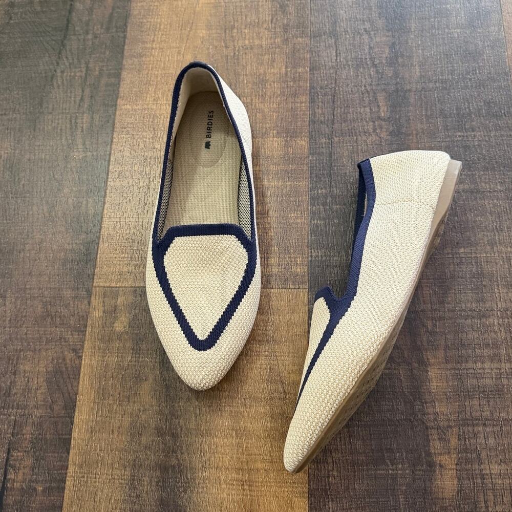 Birdies The Starling Woven Knit Loafer Flats Ivory Navy Trim Size 8